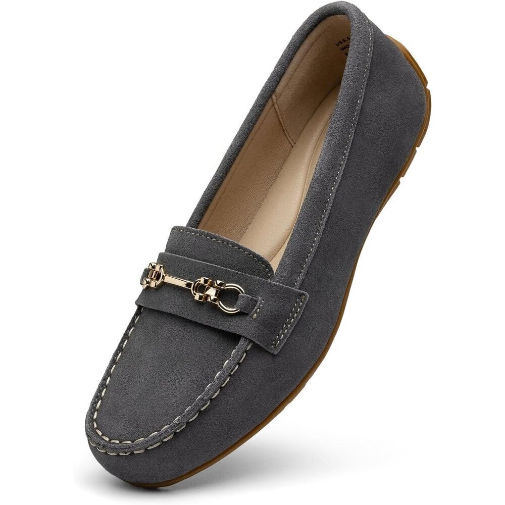 Kordal Women's Grey Leather Gold Accent Buckle Slip-Ons Comfortable Loafers